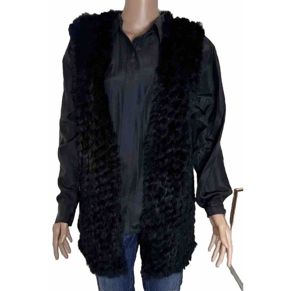 Linda Richards Luxury Mob Wife Black Open Front Rabbit Fur Vest Size M NWT